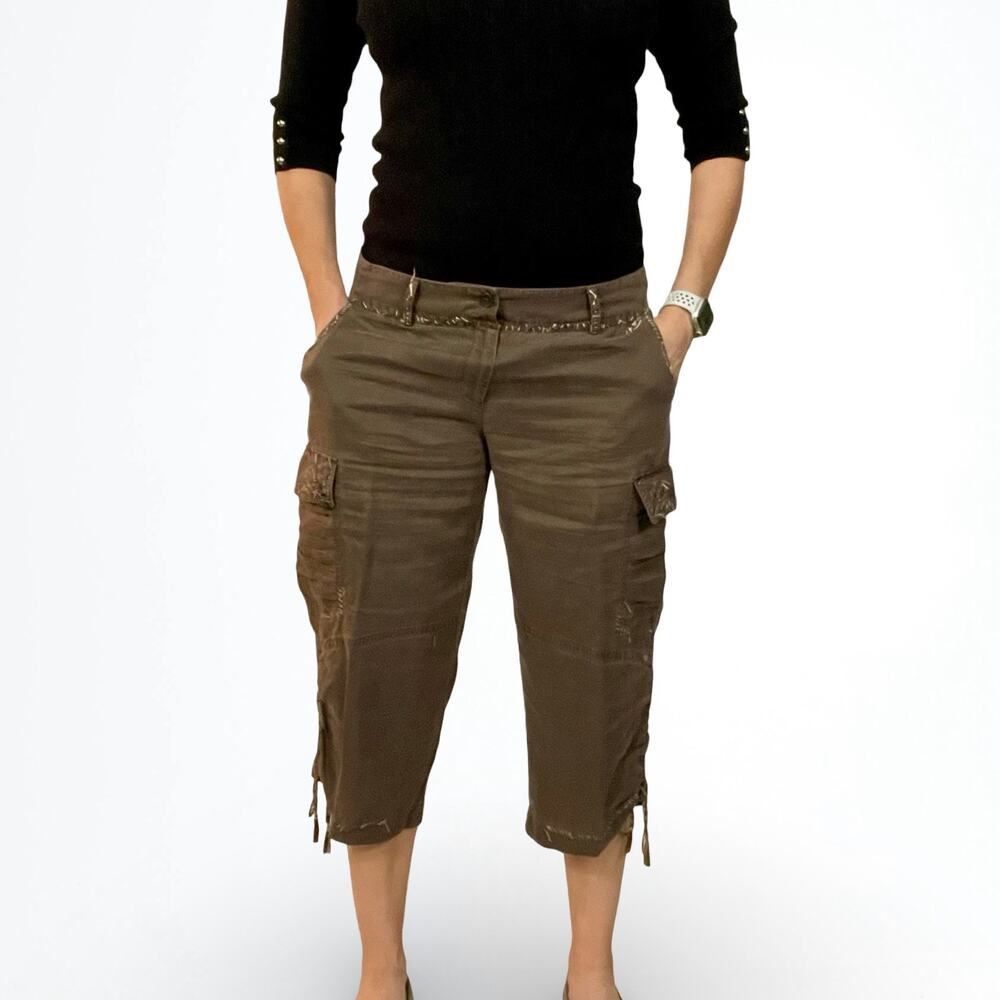 Vintage Tahari Brown Ramie Peasant Cargo Capri Pants Women’s 8 - Picture 9 of 12